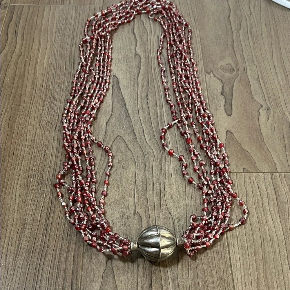 Multi-Strand Red Beaded Necklace with Silver Accent